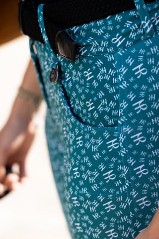 Close up of our riding breeches in the color Deep Lake.