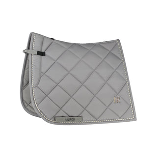 A grey Iconic Dressage Saddle Pad with diamond pattern and the Mrs. Ros logo embroidered in the corner.