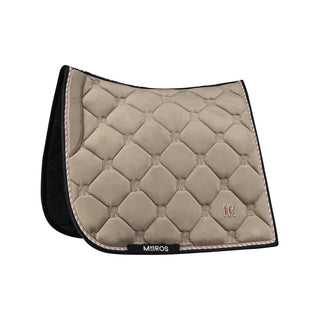 A taupe velvet dressage saddle pad with a diamond pattern and embroidered Mrs. Ros logo.