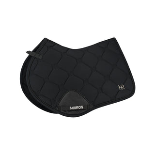 A black saddle pad with the Mrs.Ros logo embroidered in it.