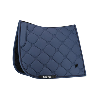 A navy blue dressage saddle pad with a diamond pattern and the Mrs. Ros logo embroidered in the corner.