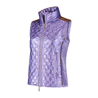 A glossy purple bodywarmer vest with pockets and brown details, featuring a Mrs. Ros logo print and a 2-way zipper.