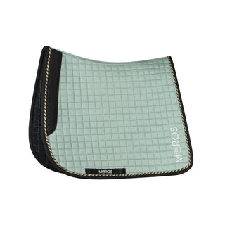 A green Cotton Dressage Saddle Pad with a minimalist square quilt pattern and the Mrs. Ros logo embroidered at the corner.