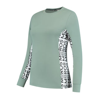 A long sleeve training top in green with repeated logo print in lavender color on the arms.