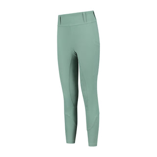 Miniature green riding breeches for children with a thick elastic waistband and deep pockets, designed for equestrian activities.