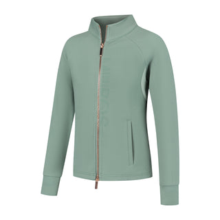 A long sleeve green training jacket with a full 2-way zipper and fleece lining, designed for equestrian activities.