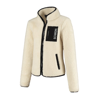 A white mini teddy jacket with a soft zipper and three pockets, branded with 'MRS ROS' on the black collar tag.