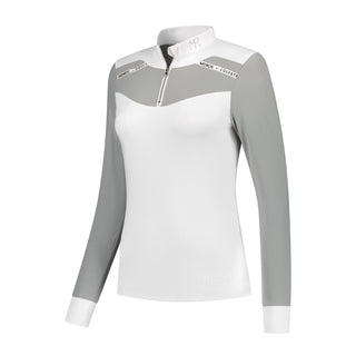 A long sleeve competition shirt with a jacquard pattern, featuring white and gray colors, mesh at the arms and waist, and a high collar.