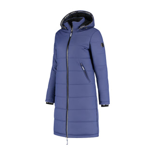 A navy blue long coat with a two-way zipper, tapered waist, and attached hood, featuring a logo on the hood and split zipper at the back.