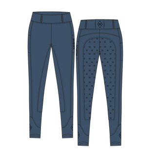 Blue riding breeches with Mrs. Ros logo on the inside of the breeches