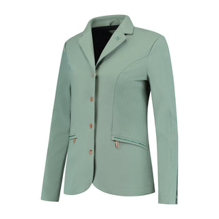 A double-breasted, green showjacket with rose gold buttons and pockets on the arms.