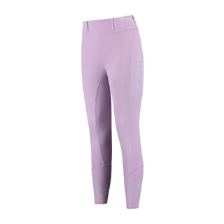 A pair of lavender riding breeches with a full seat grip, designed for equestrian activities.