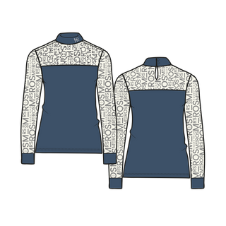 Blue and patterned long-sleeve shirt with 'MRS. ROS' branding on a white background