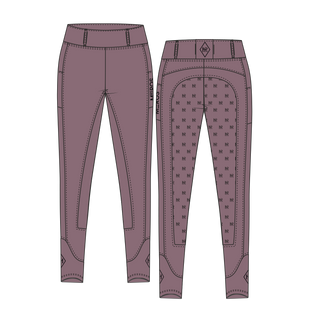 Pair of pink riding pants with patterned seat area on a white background