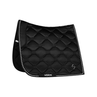 A black and silver dressage saddle pad with the Mrs. Ros logo embroidered at the corner.
